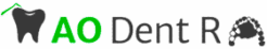Logo AO Dent R avec une icône de dent grise sous un toit vert et une arcade dentaire. Cabinet de soins dentaires.