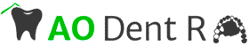 Logo AO Dent R avec une icône de dent grise sous un toit vert et une arcade dentaire. Cabinet de soins dentaires.